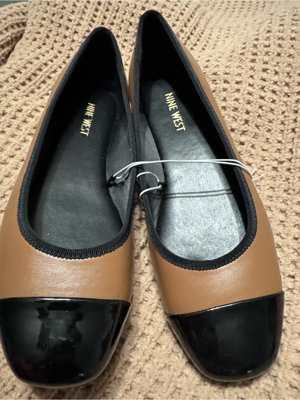 Nine West Brown Leather Ballet Flats with Black Patent Cap Toe